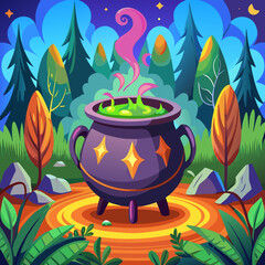 A magical cauldron bubbling with a potion surrounded by flames and mystical plants isolated on white background isolated on transparent background
