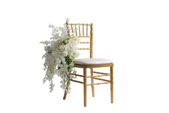 Gold chiavari chair decorated with white flowers for wedding or event.