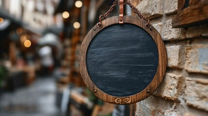 Fototapeta premium Blank round chalkboard sign, market, street, advertising