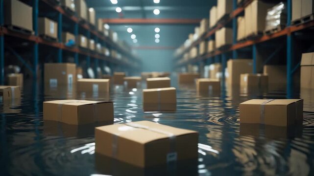 Warehouse interior filled with cardboard boxes floating in floodwater between storage shelves, disaster scene highlighting severe damage