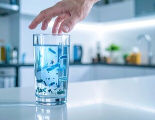 Water Contamination Concept: Hand Reaching for a Glass of Polluted Water