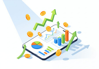 Fototapeta premium Financial Growth Concept Smartphone with Charts, Coins, and Upward Arrows - Business Success