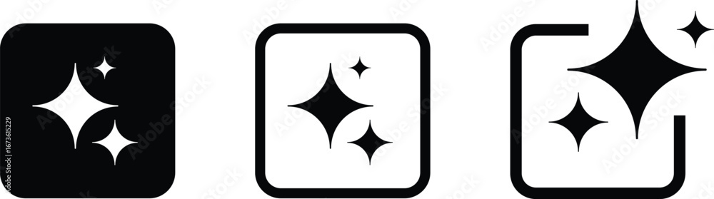 Poster set of ai sparkle icons in square and rounded frames, flat vector glowing star symbols for generativ