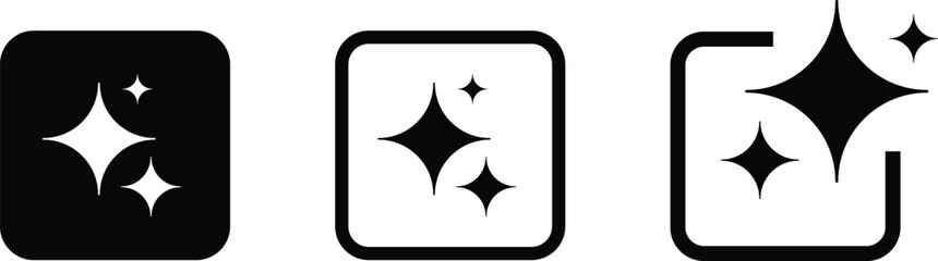 Set of AI sparkle icons in square and rounded frames, flat vector glowing star symbols for generative AI, technology, apps, web UI, software, branding, stickers. Vector illustration