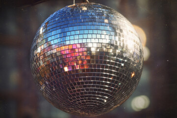A disco ball hangs prominently, reflecting colorful lights and creating a lively atmosphere filled with energy during an evening event
