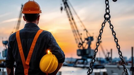 Construction worker wearing safety helmet and harness holding yellow hard hat at sunset harbor crane site, symbolizing industrial safety and dedication in vibrant outdoor environment