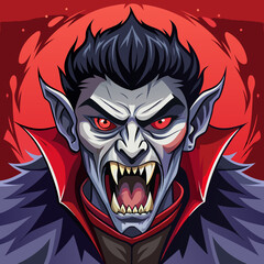 Fototapeta premium Fierce vampire head with fangs and red eyes isolated on white background isolated on transparent background