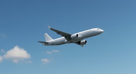 Obraz premium Passenger jet airplane in flight, soaring through a clear blue sky above fluffy white clouds.