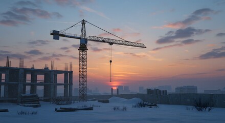 Construction Crane at Snowy Building Site with Vibrant Sunset Sky