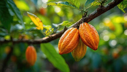 Ripe cacao pods hang from a branch