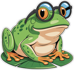 Cute cartoon frog, chubby green frog with glasses, whimsical animal illustration, funny frog on lily pad, smart toad character