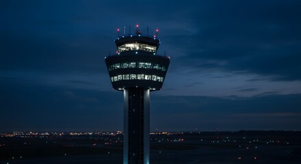 A tall, illuminated air traffic control tower at night, overseeing a city.