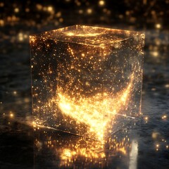 Sci-Fi Futuristic Landscape Featuring Glowing Transparent Cube At Night