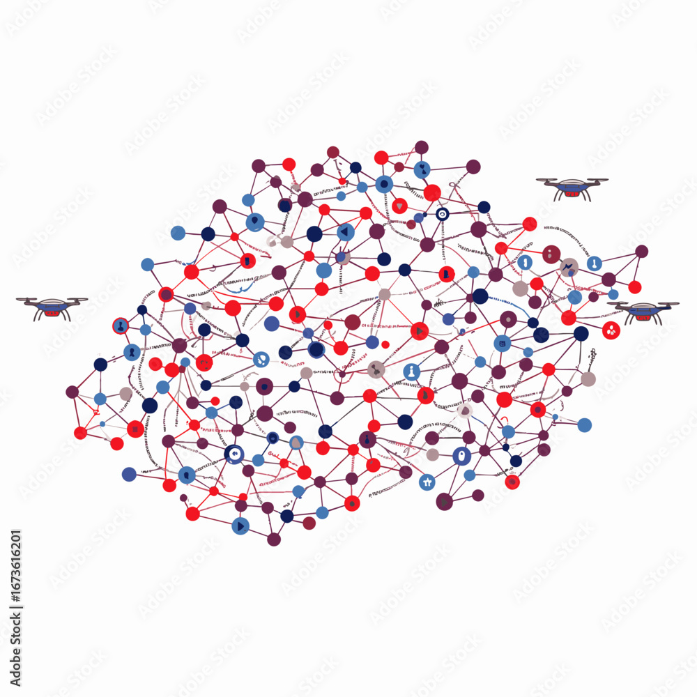 Aufkleber advanced drones monitor and interact with a complex, interconnected digital network, illustrating mo