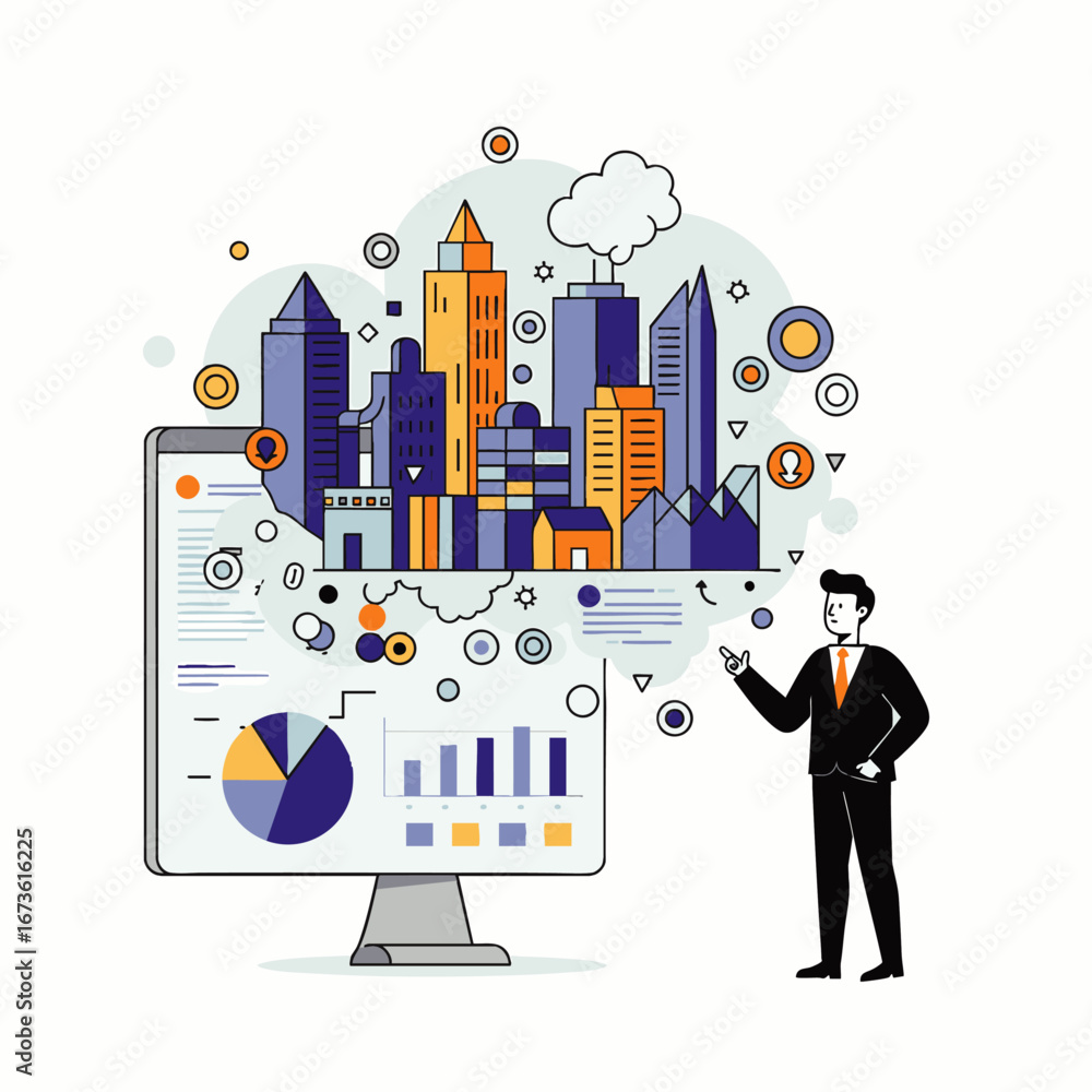 Fototapete a businessman presents data-driven urban development and smart city concepts, visualizing complex an