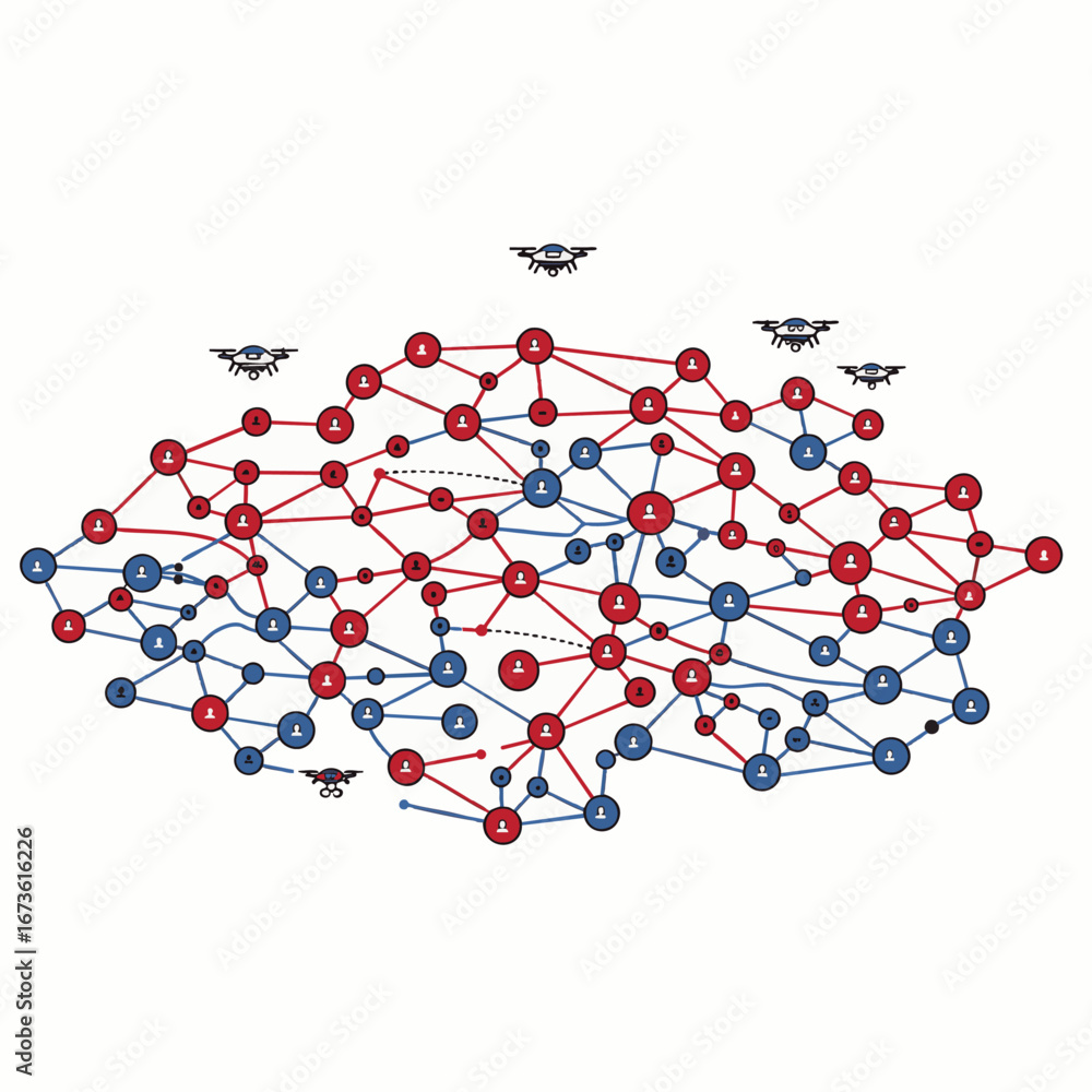 Aufkleber an intricate digital network visualizes interconnected data points and human connections, with drone