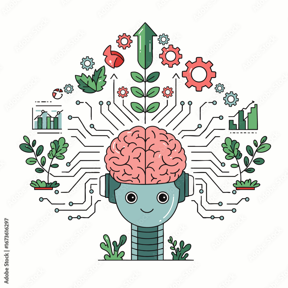 Poster an adorable robot with a visible brain integrates technology and nature, symbolizing artificial inte