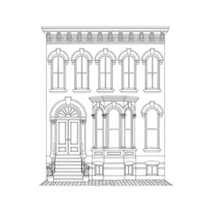 Classic Brownstone Townhouse Line Art. Architectural Vector Illustration of a City Building Facade for Coloring Page.  © Journey