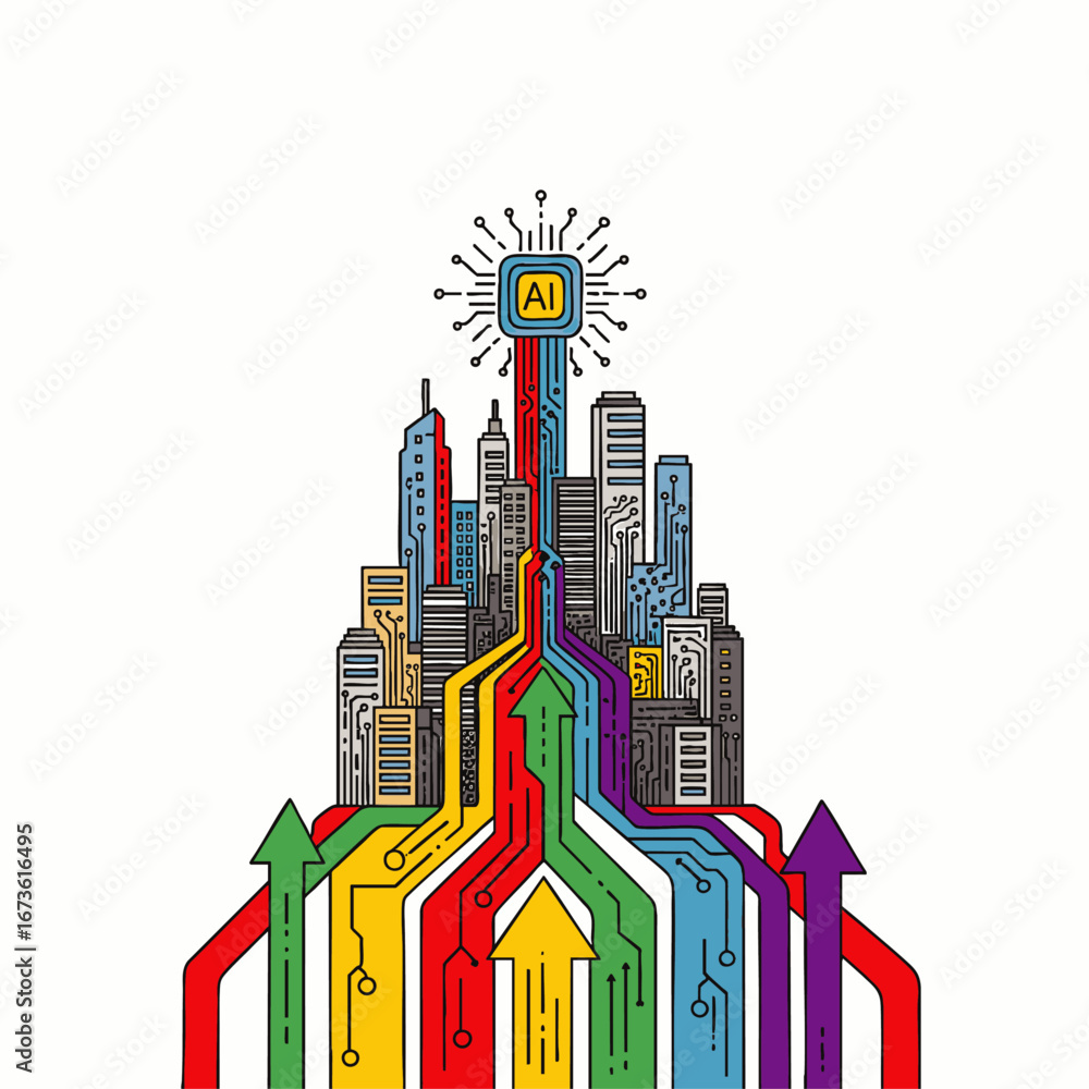 Poster colorful data streams flow through a modern cityscape towards an ai processor, symbolizing artificia