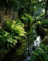 Obraz premium A tranquil garden stream lined with lush ferns and greenery