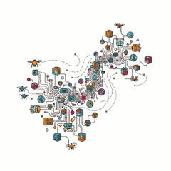 Obraz premium A complex digital network, abstractly shaped like a nation, illustrates the intricate connections of technology, data, and smart infrastructure.