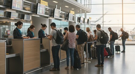 Passengers stand in line at an airport check-in counter, assisted by staff, with large windows providing natural light.