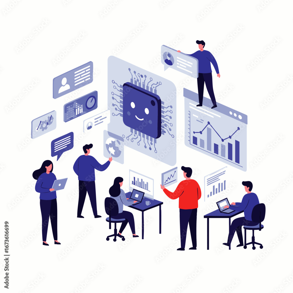 Fototapete a diverse team of professionals collaboratively analyzes complex data and interacts with an artifici