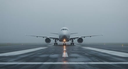 White passenger jet on a runway in foggy weather, awaiting takeoff or landing.