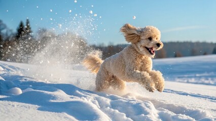 Joyful jaunt a standard Poodle leaps through the fresh powder of a winter wonderland field