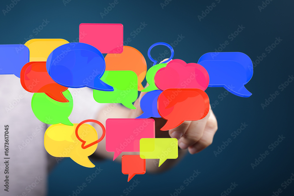 Poster abstract image of colorful speech bubbles, ideal for communication, social media, and networking con