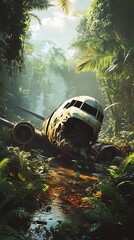Abandoned Aircraft Resting In Dense Rainforest During Heavy Rainfall