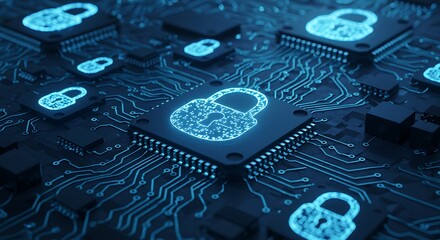 Digital Security and Cybersecurity Concepts Encrypted on Microchips with Glowing Padlocks