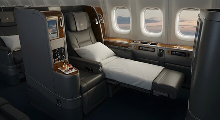 A luxurious first-class airplane seat fully reclined into a comfortable flat bed with white bedding.