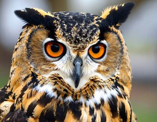Close-up of an owl's face, showcasing intricate plumage