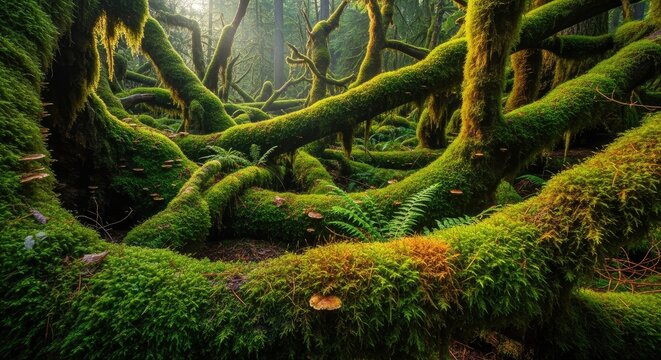 Mystical sunlit moss-covered tree roots and branches in an enchanted forest.