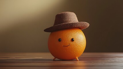 Adorable Orange Figurine Wearing Straw Hat In Sunny Garden