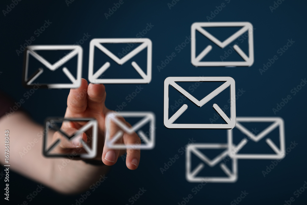 Poster abstract image of hand interacting with email icons, representing communication and technology.