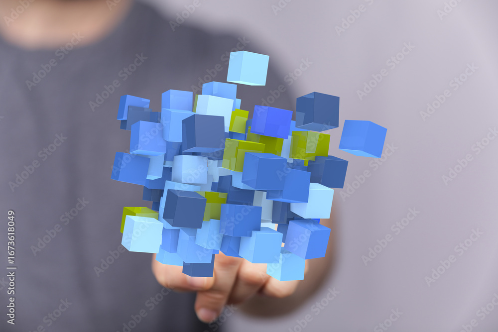 Poster abstract image of interconnected data blocks, symbolizing technology, innovation, and connection.