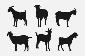 set of silhouettes of goat with different poses, gestures. isolated on white background. vector illustration.