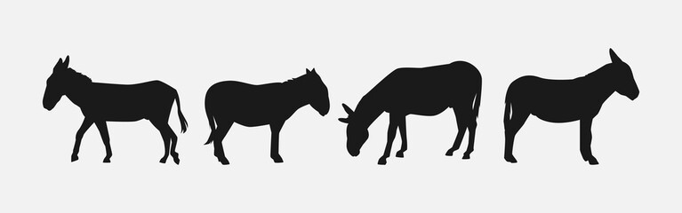set of silhouettes of donkey with different poses, gestures. isolated on white background. vector illustration.