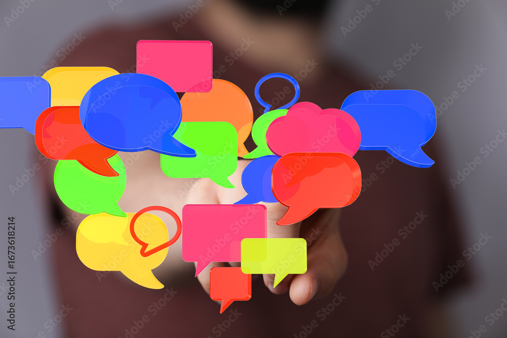 Poster abstract image of colorful speech bubbles, ideal for communication, social media, and networking con