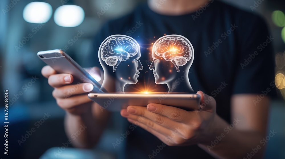 Poster conceptual telepathy communication with brain interface technology and digital device connection in 