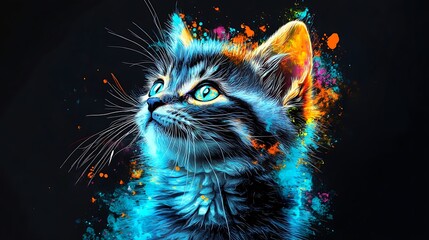 Beautiful Colorful Portrait Depicting Curious Kitten On Black Canvas
