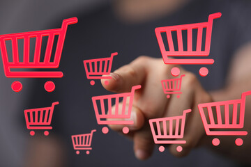 Person interacting with digital shopping carts, representing online shopping and e-commerce.