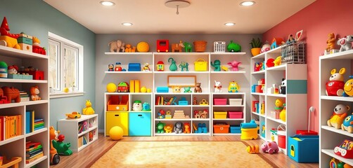 Bright playroom interior with colorful toy-filled shelves, colorful toys, kids