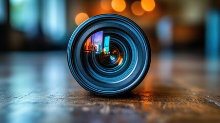 Camera lens, city reflection, wood table, bokeh background, photography