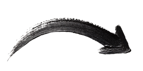 Dynamic curved arrow painted with black brushstroke on transparent background.