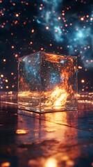 Bright Transparent Cube Illuminates Surreal Futuristic Landscape At Night