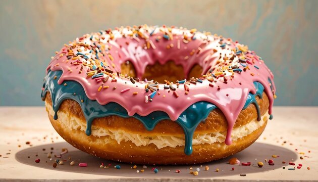 Colorful, giant donut with pink and blue icing
