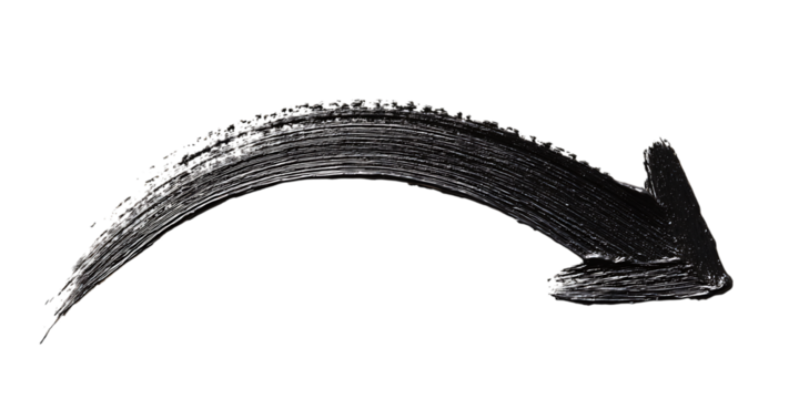 Dynamic curved arrow painted with black brushstroke on transparent background.